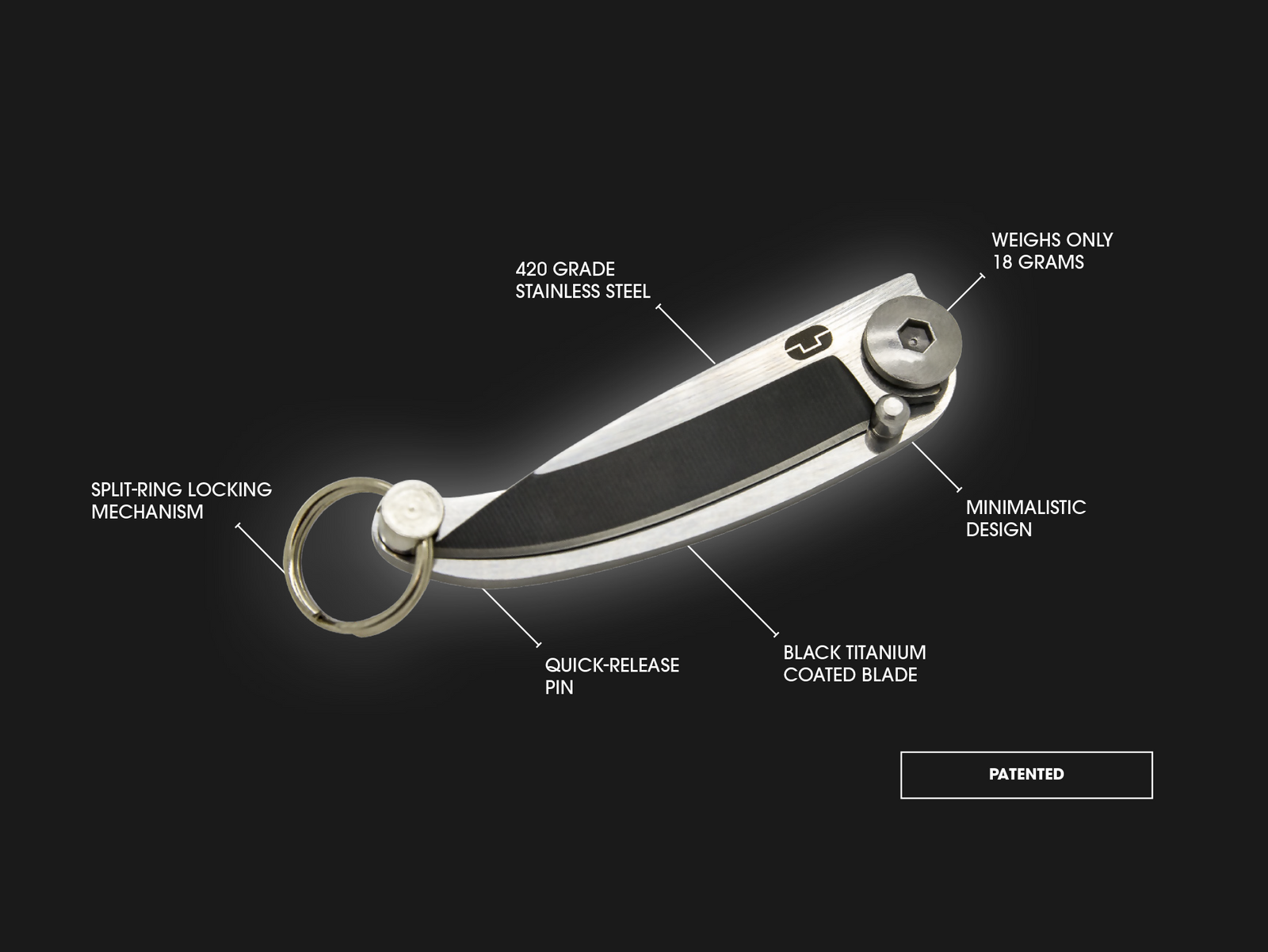 True Utility Bare Knife, keyring holder leads to the minimalistic design, weighing only 18g.