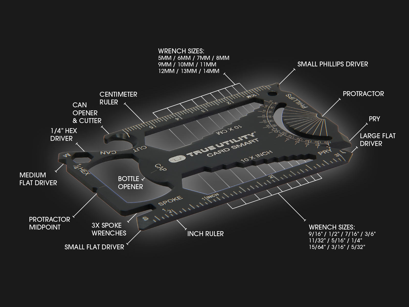 True Utility Cardsmart | The perfect wallet carry featuring all the tools you need on the go, various drivers, bottle opener, wrench, ruler, can opener, protractor.