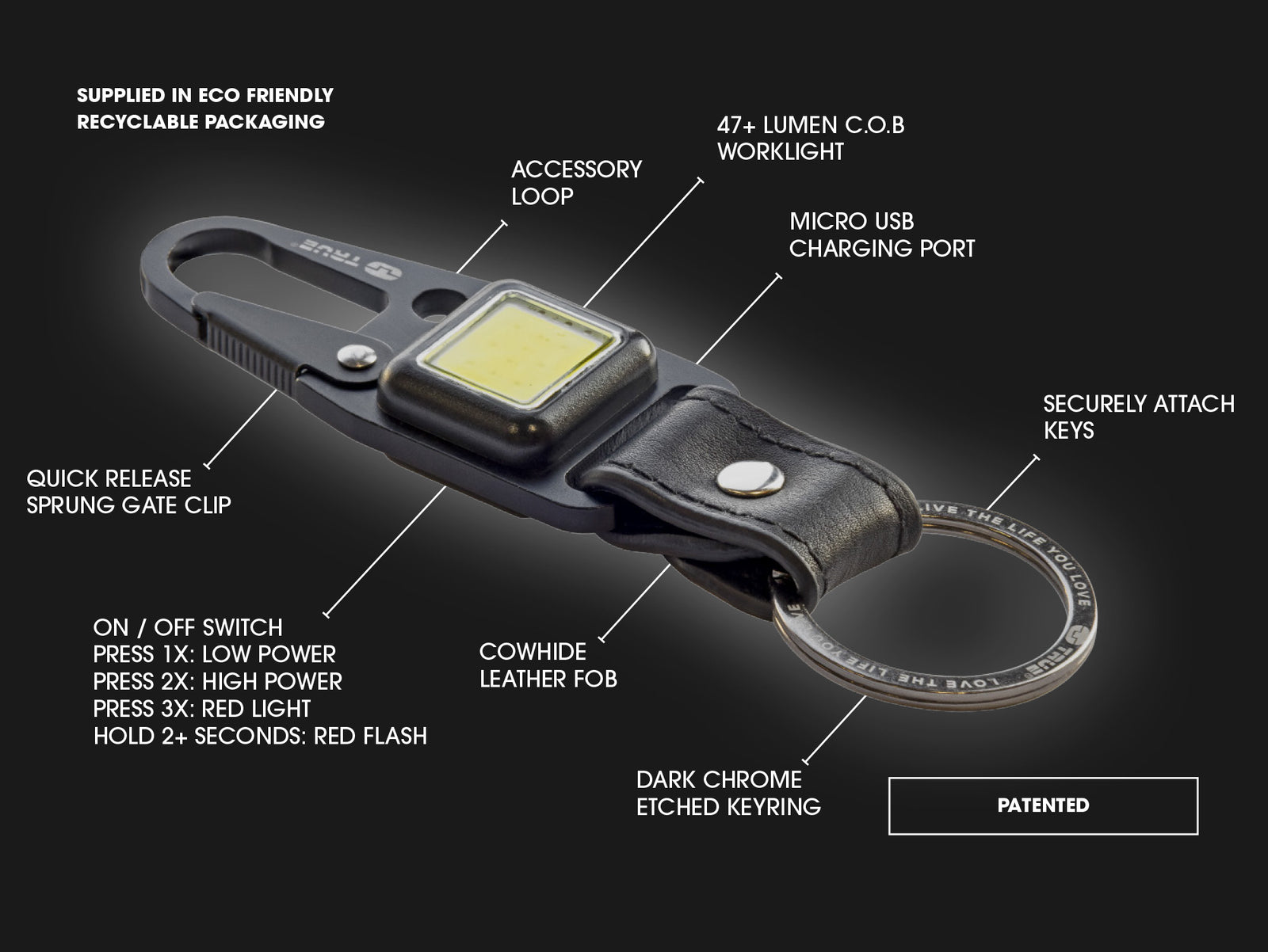 True Utility Cliplight | leather keyring attachment pocket light
