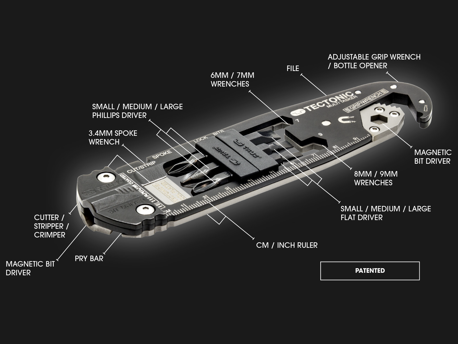 True Utility Tectonic | adjustable wrench file, screwdrivers, cutter, wire strippers, pry bar, ruler, spoke wrench