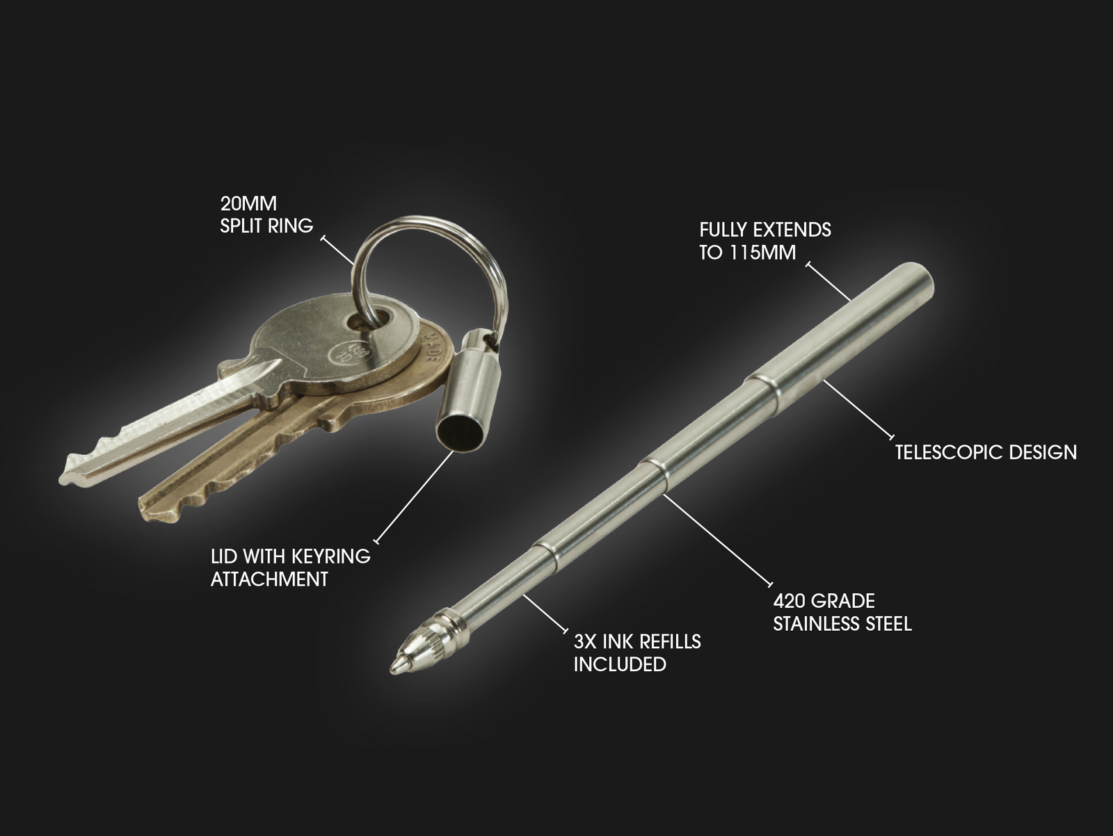 True Utility Telepen | Telescopic pen extends to 115mm, keyring attachment and also includes three refills.