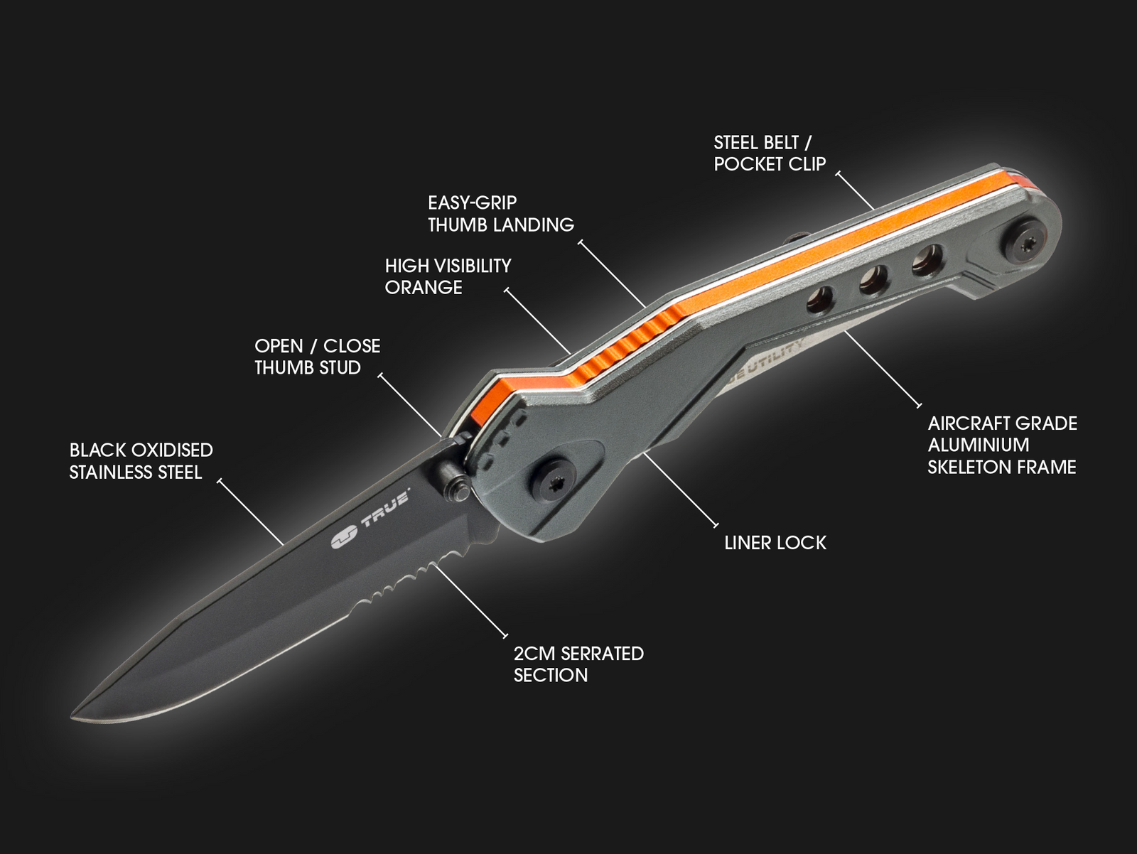 True Utility Trueblade, powerful blade with 2cm serrated edge, with pocket clip with aluminium handle