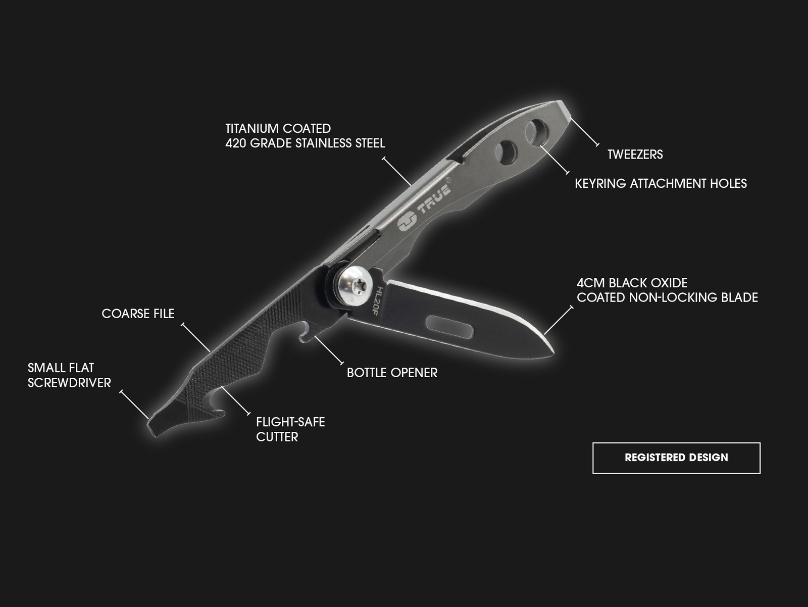 True Utility Tweezer Tool, 4 cm blade, tweezers built in to the handle, bottle opener, file and flat screwdriver