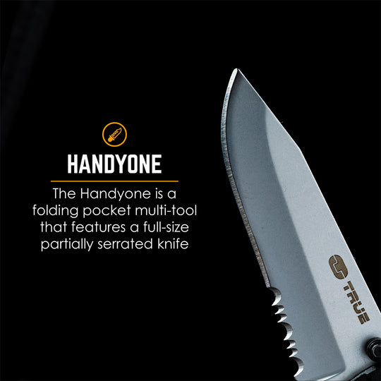 True Utility simply means ‘Really Useful’. Our collection of pocket tools are all about making sure you’re ready for whatever, while still being able to live light. Handyone is a knife first multi tool that includes a one-handed opening, full-size blade. With all the other essential tools hidden neatly within its stylish ergonomic skeleton style frame, Handyone is the ultimate handy tool.