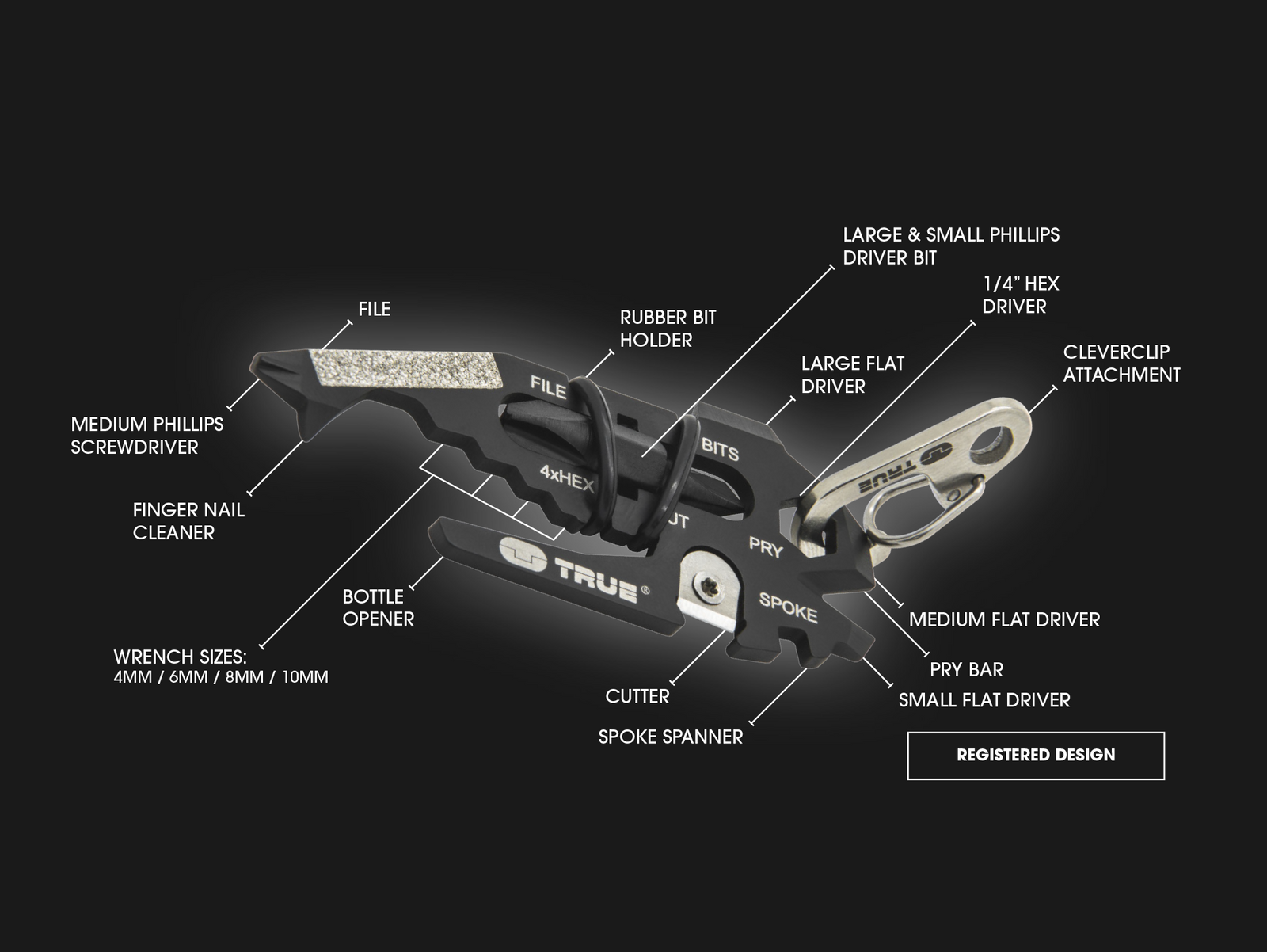 True Utility Fishface | Small keyring attachment featuring file, philips driver, flat drivers, wrenches, cutter, spoke spanner, pry bar and cutter