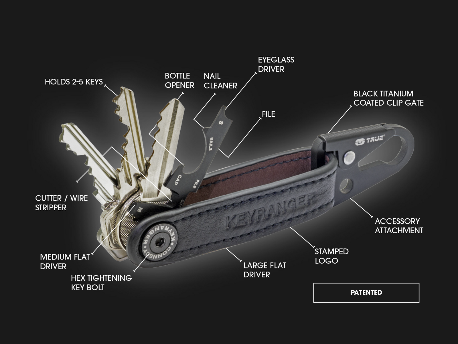 True Utility Keyranger | clip on leather strap key organiser, with screwdriver, bottle opener and file.