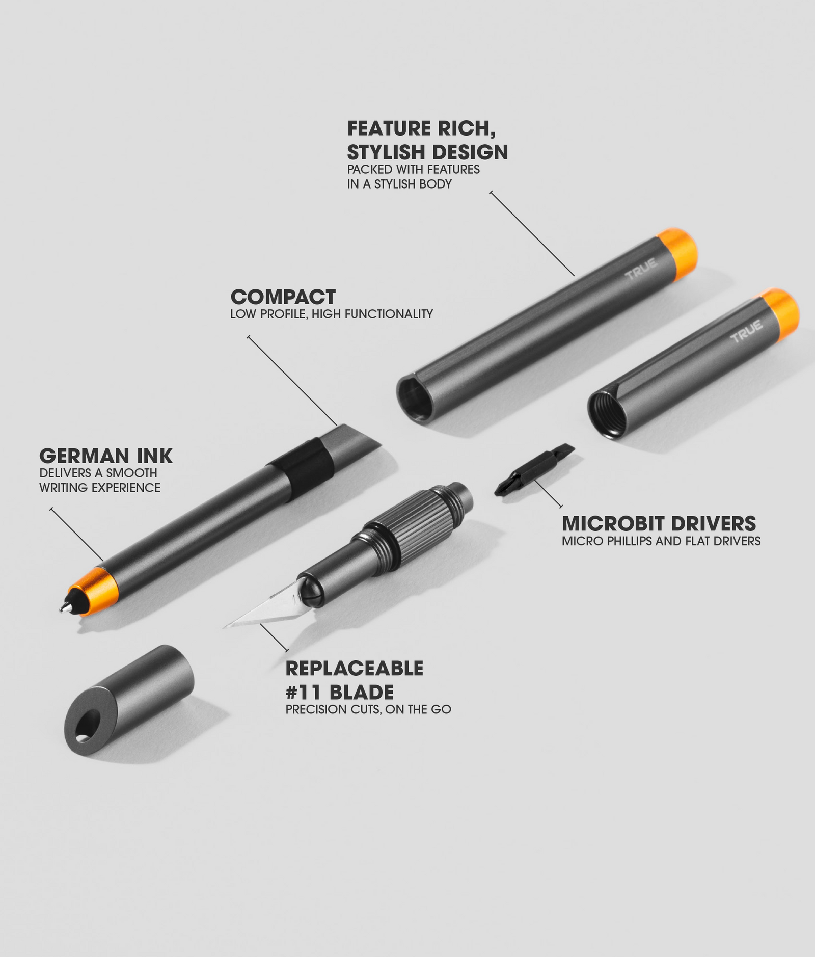 True Utility Pen Set | Pen and craft knife combination with screwdriver attachment.