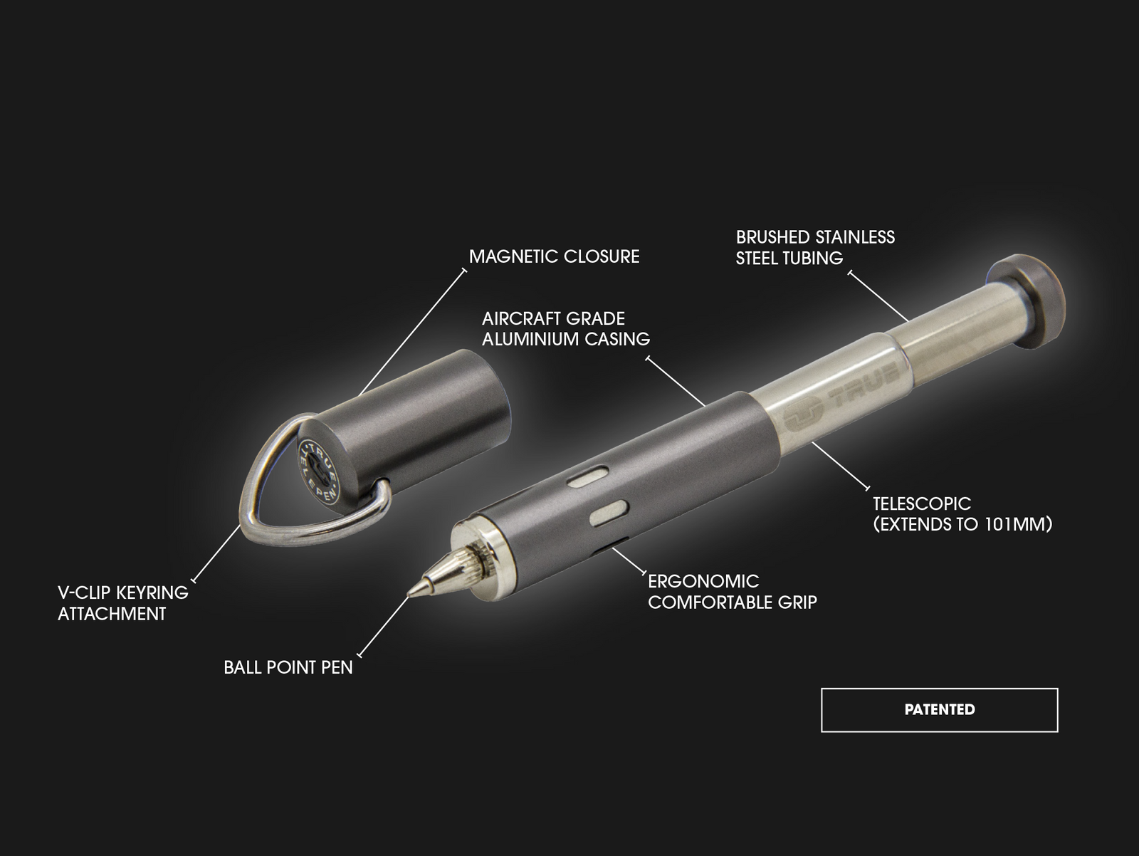 True Utility Telepen | Telescopic ball point pen with keyring attachment.
