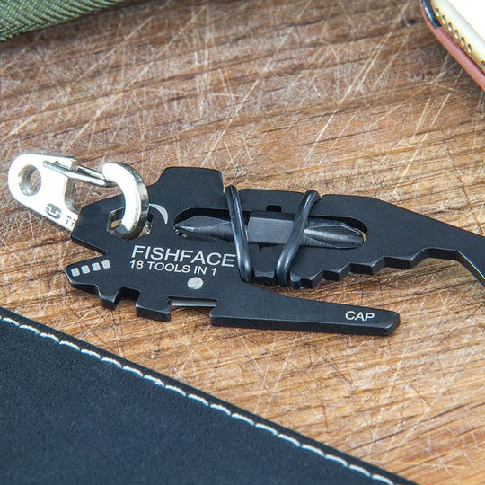True Utility simply means ‘Really Useful’. Our collection of pocket tools are all about making sure you’re ready for whatever, while still being able to live light. FishFace is the perfect pocket tool. It’s an 18 tools in 1 multi functional micro multi tool. Perfect for those every day tasks such as opening boxes, tightening screws and gaining entry into cold bottles of crisp, refreshing goodness.
