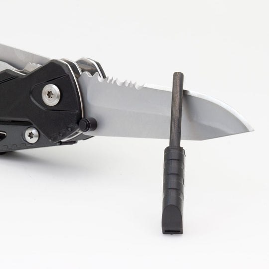 True Utility simply means ‘Really Useful’. Our collection of pocket tools are all about making sure you’re ready for whatever, while still being able to live light. THE FIRERANGER is a knife first, emergency survival multi tool. The full-size, one handed opening knife is easily accessible, and all of the other essential tools hidden neatly within it’s stylish and ergonomic, skeleton style frame. A pull-out Ferrocerium fire Striker Rod, combined with an emergency Whistle.